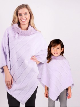 Mom and Kids Diagonal Pattern Faux Fur Poncho 